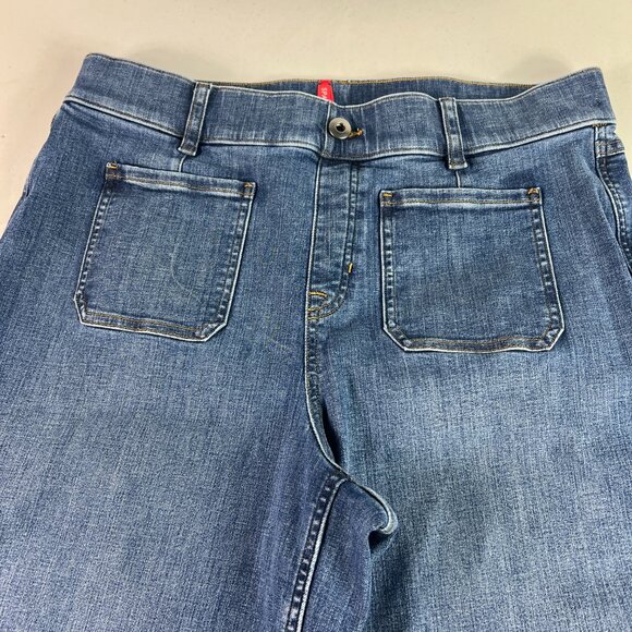 Spanx Jean Women 33x23* Cropped Wide Leg Patch Pockets Blue Stretch Denim Tag XL - Picture 2 of 16